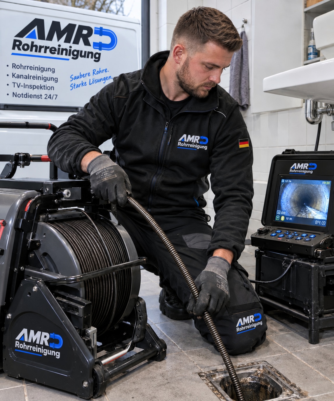 AMR-Techniker reinigt einen Bodenablauf mit professioneller Ausrüstung