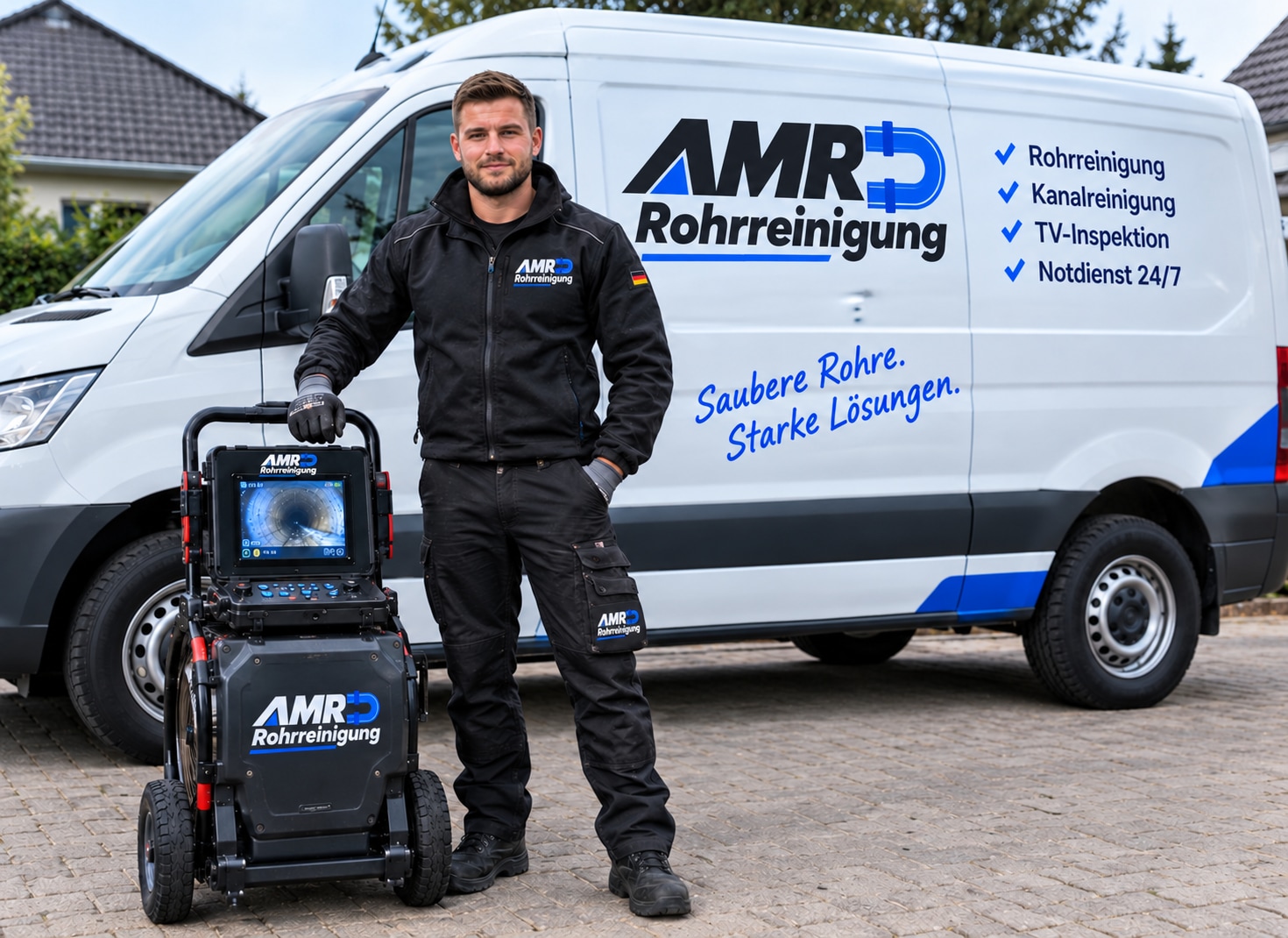 AMR-Techniker mit Rohrkamera vor dem blauen AMR-Einsatzfahrzeug